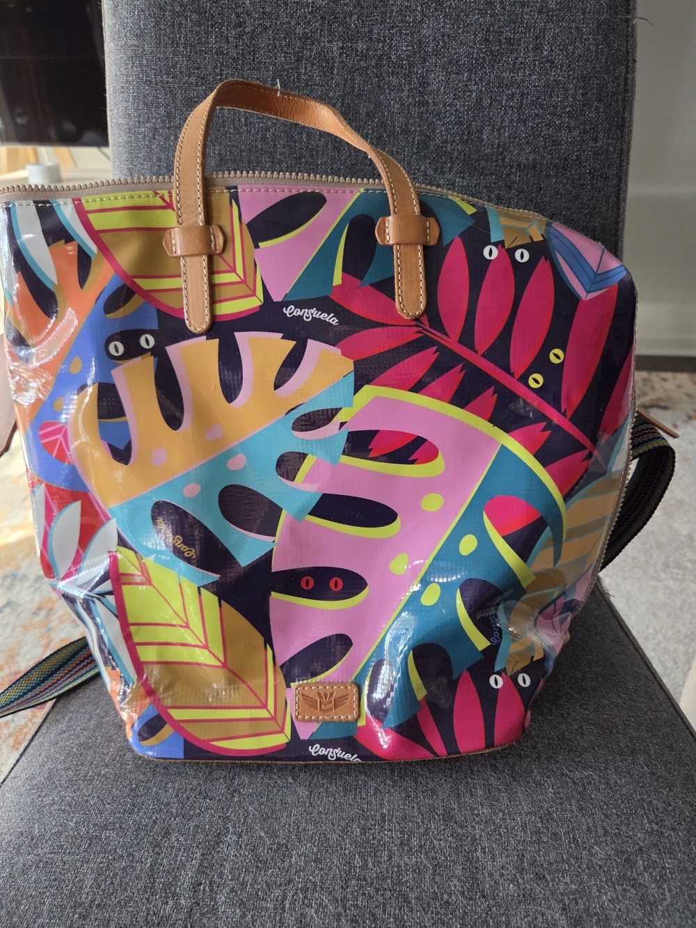 Consuela Multicolor Tropical Leaf Tote with Tan Handles